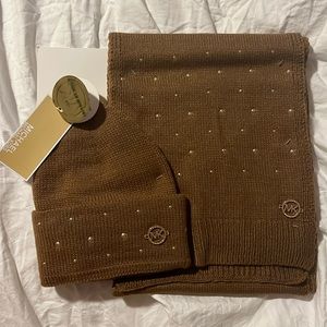 Michael Kors scarf and beanie duo. Brown with gold accents. One size.